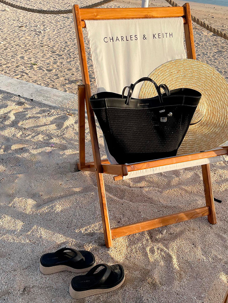 Women’s Ida knitted sculptural tote bag and espadrille thong sandals, as seen on Anita - CHARLES & KEITH
