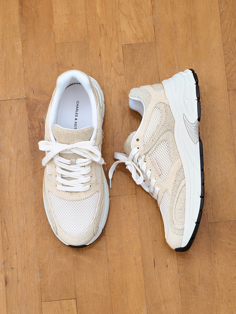 Women’s mesh & canvas lace-up chunky sneakers in chalk  - CHARLES & KEITH