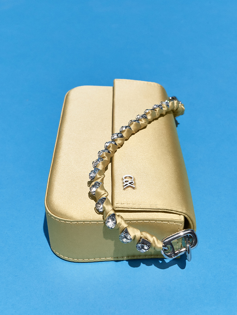 Women’s satin front flap braided-strap bag in yellow  - CHARLES & KEITH