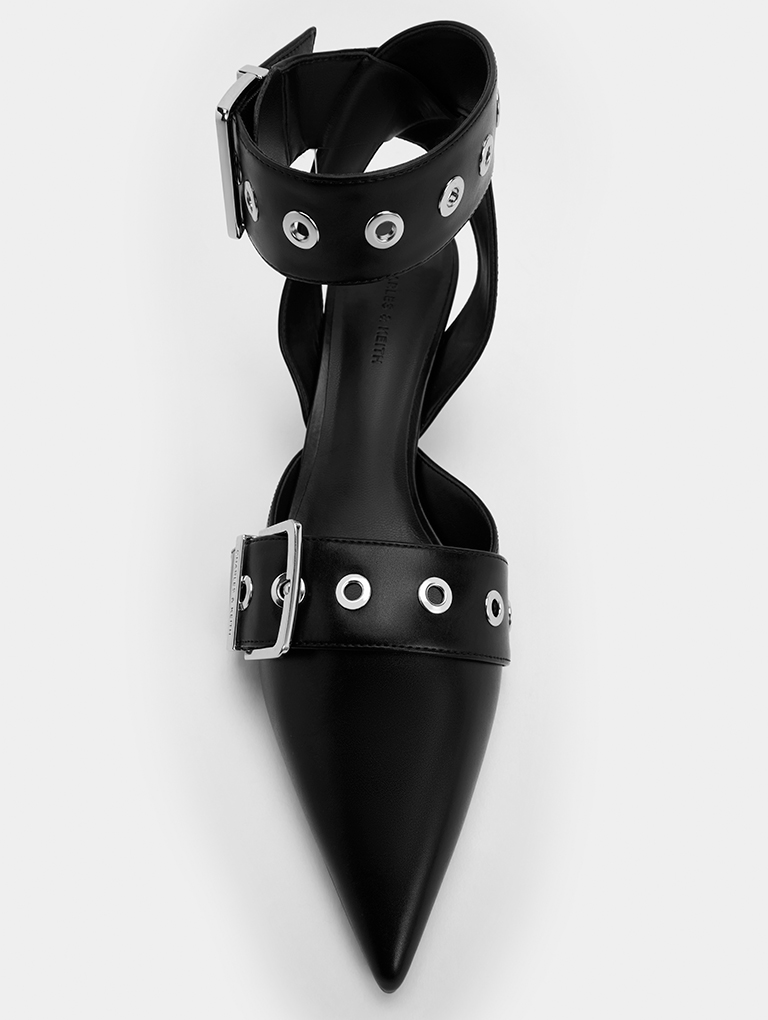 Women’s Grommet-Strap Kitten-Heel Pumps in black