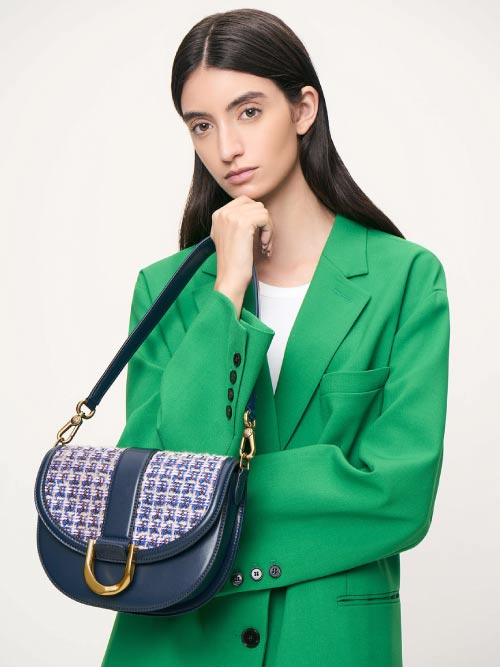 Gabine Tweed Saddle Bag, Navy