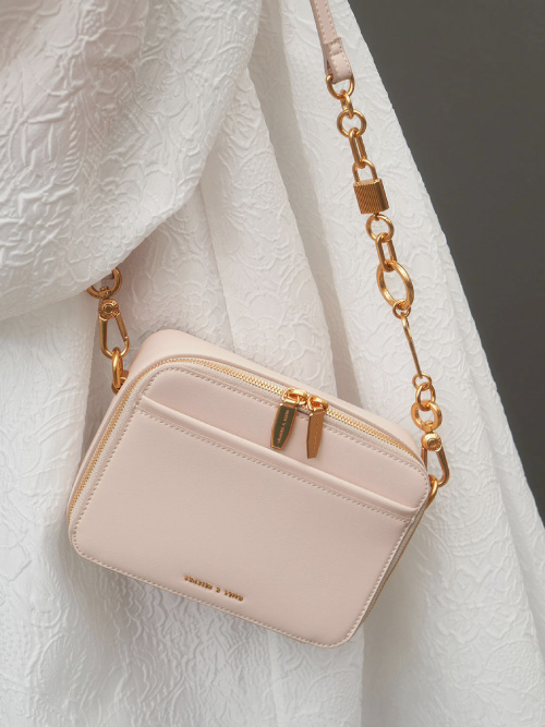 Chunky Chain Handle Two-Way Zip Crossbody Bag, Light Pink