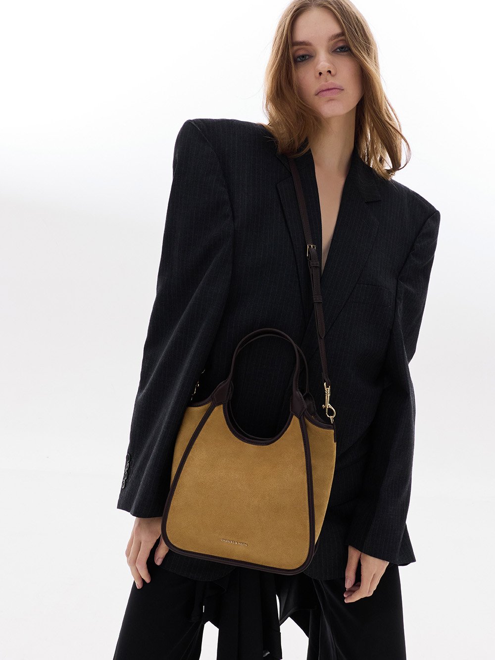 Women's Mini Sianna Recycled Suede Contrast-Trim tote bag in sahara sand - CHARLES & KEITH