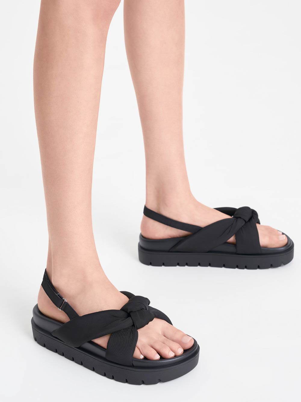 Women's black nylon knotted flatform sandals - CHARLES & KEITH