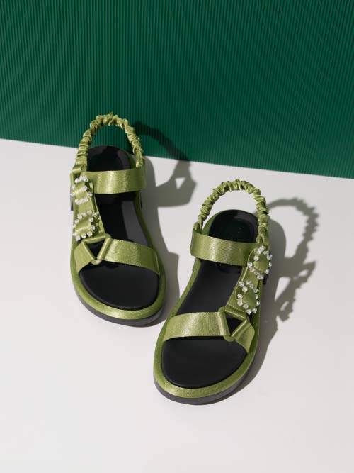 Women's green Miko gem- embellished satin sandals -
                  CHARLES & KEITH