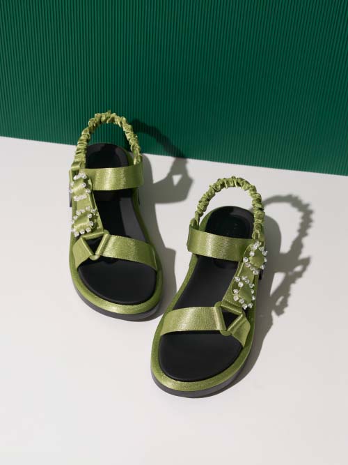 Women's green Miko gem- embellished satin sandals -
                     CHARLES & KEITH