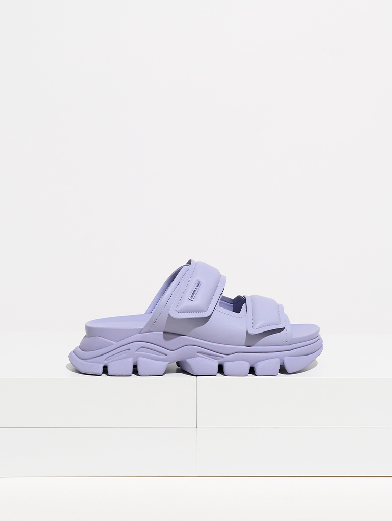 Women’s Noemi Knitted Thong Sandals in green; Dash Double Strap Slides in lilac; Padded Strap Slide Sandals in white – CHARLES & KEITH