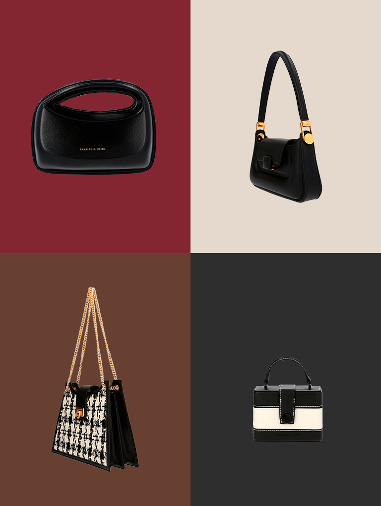 Women’s Mini Cocoon Top Handle Bag, Koa Push-Lock Top Handle Bag, Mini Bronte Contrast Trim Top Handle Bag and Cressida Tweed Trapeze Chain Bag - CHARLES & KEITH