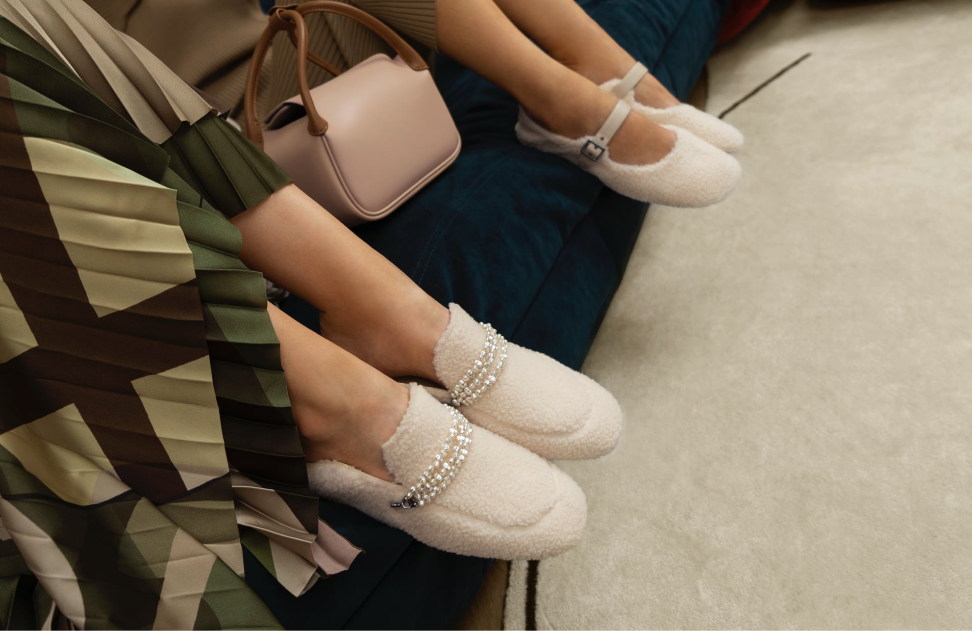 Women’s furry Mary Jane flats, beaded furry step-back loafers and Evelynn padded double handle slouchy bag – CHARLES & KEITH