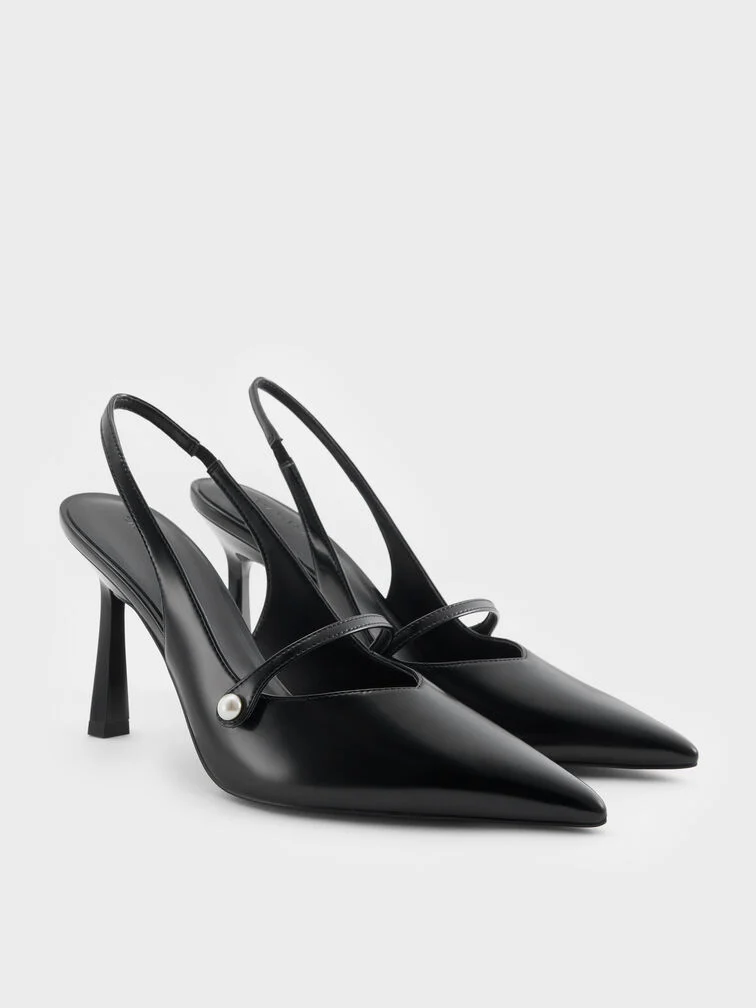 Pearl-buckle slingback pumps offer a flattering fit with floor-length gowns.  