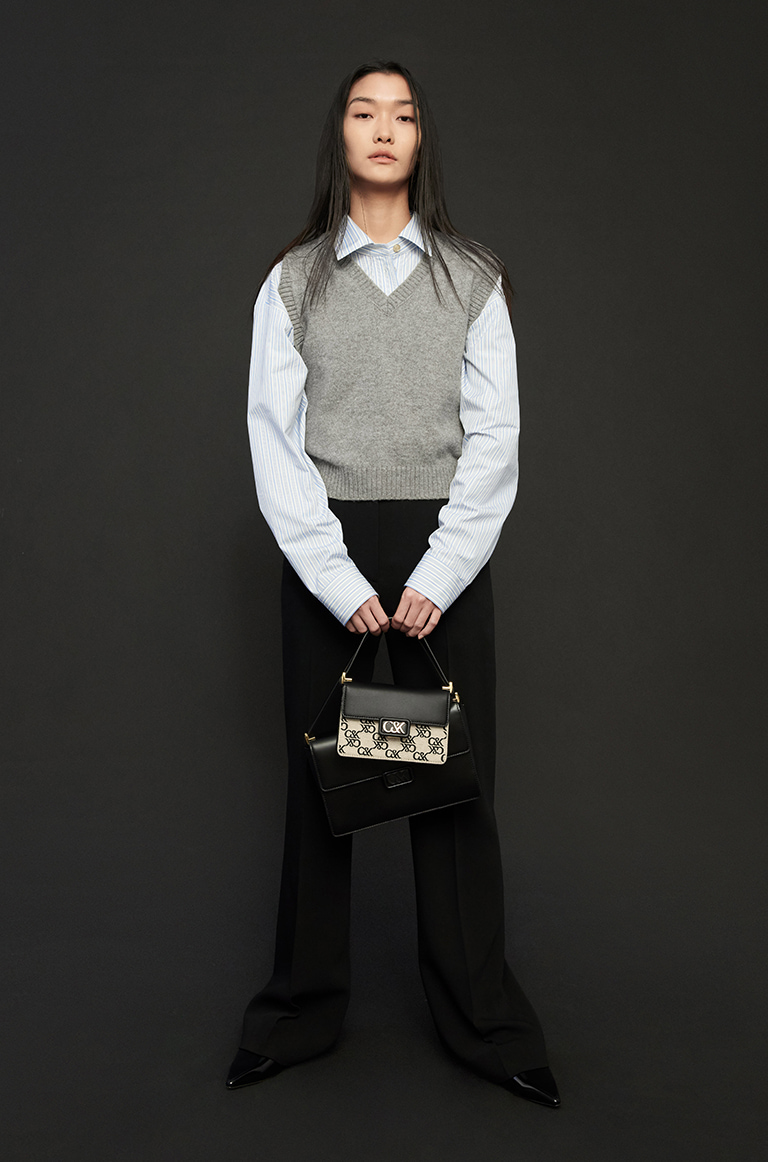 Women's Leather & Canvas Monogram Boxy Bag in black - CHARLES & KEITH