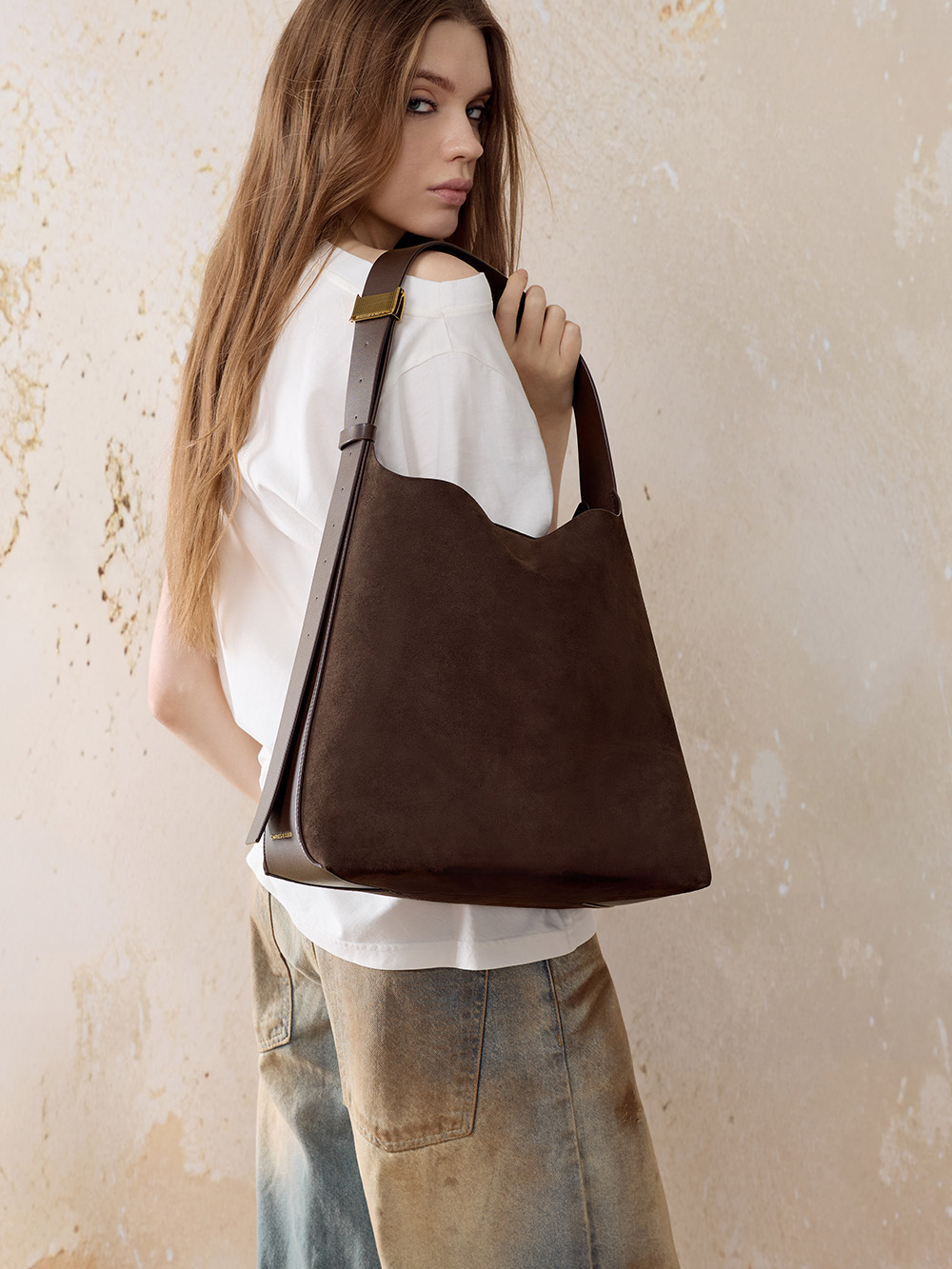 Women’s Edna Recycled Suede hobo bag in espresso brown - CHARLES & KEITH