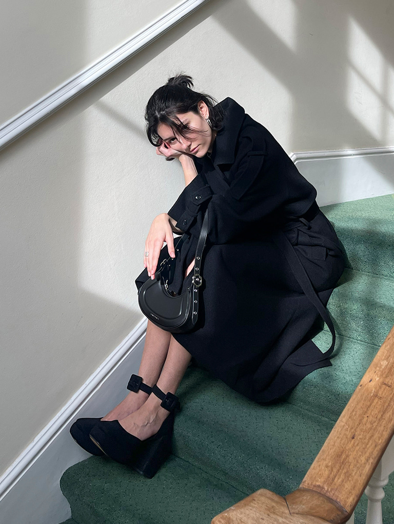 Women’s Petra Curved Shoulder Bag and Sinead Woven Buckled D'Orsay Platform Pumps, both in black - CHARLES & KEITH