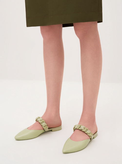 Braided Chain-Link Flat Mules, Sage Green