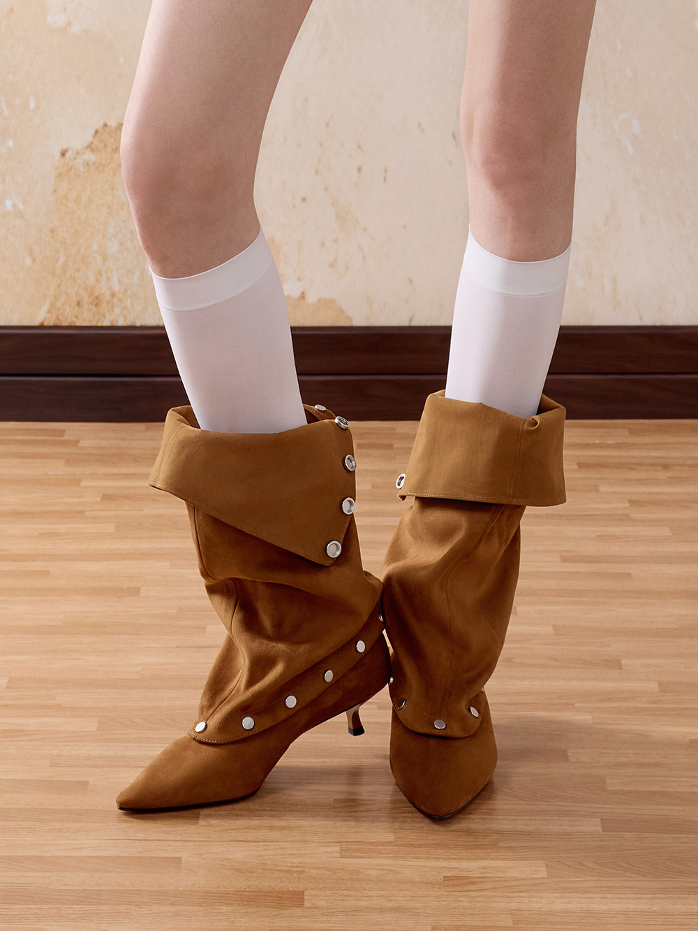 Women’s Gael faux suede studded convertible kitten-heel knee-high boots - CHARLES & KEITH