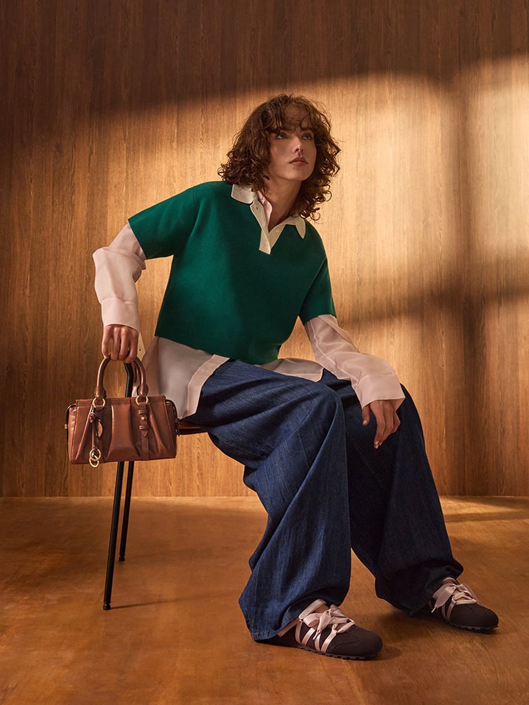 Britton Ruched Top Handle Tote Bag in chocolate and Silko Faux Suede Satin-Lace Ballet Sneakers in dark brown - CHARLES & KEITH