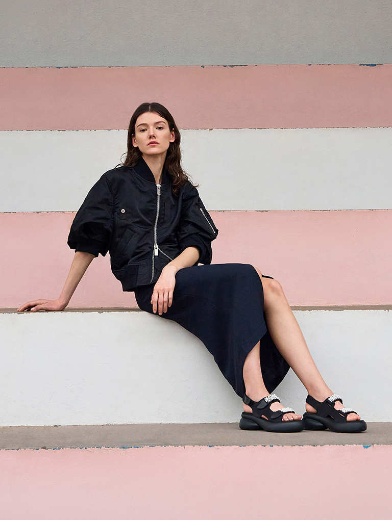 Women’s beaded-strap sports sandals in black textured  - CHARLES & KEITH