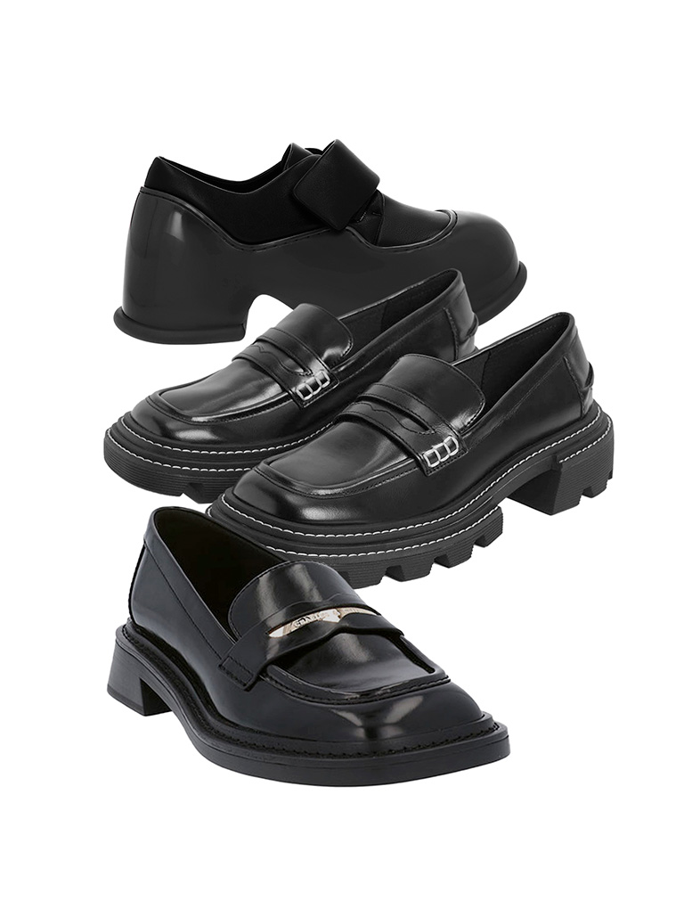Women’s Pixie patent platform loafers, Perline chunky penny loafers, and metallic penny tab loafers - CHARLES & KEITH