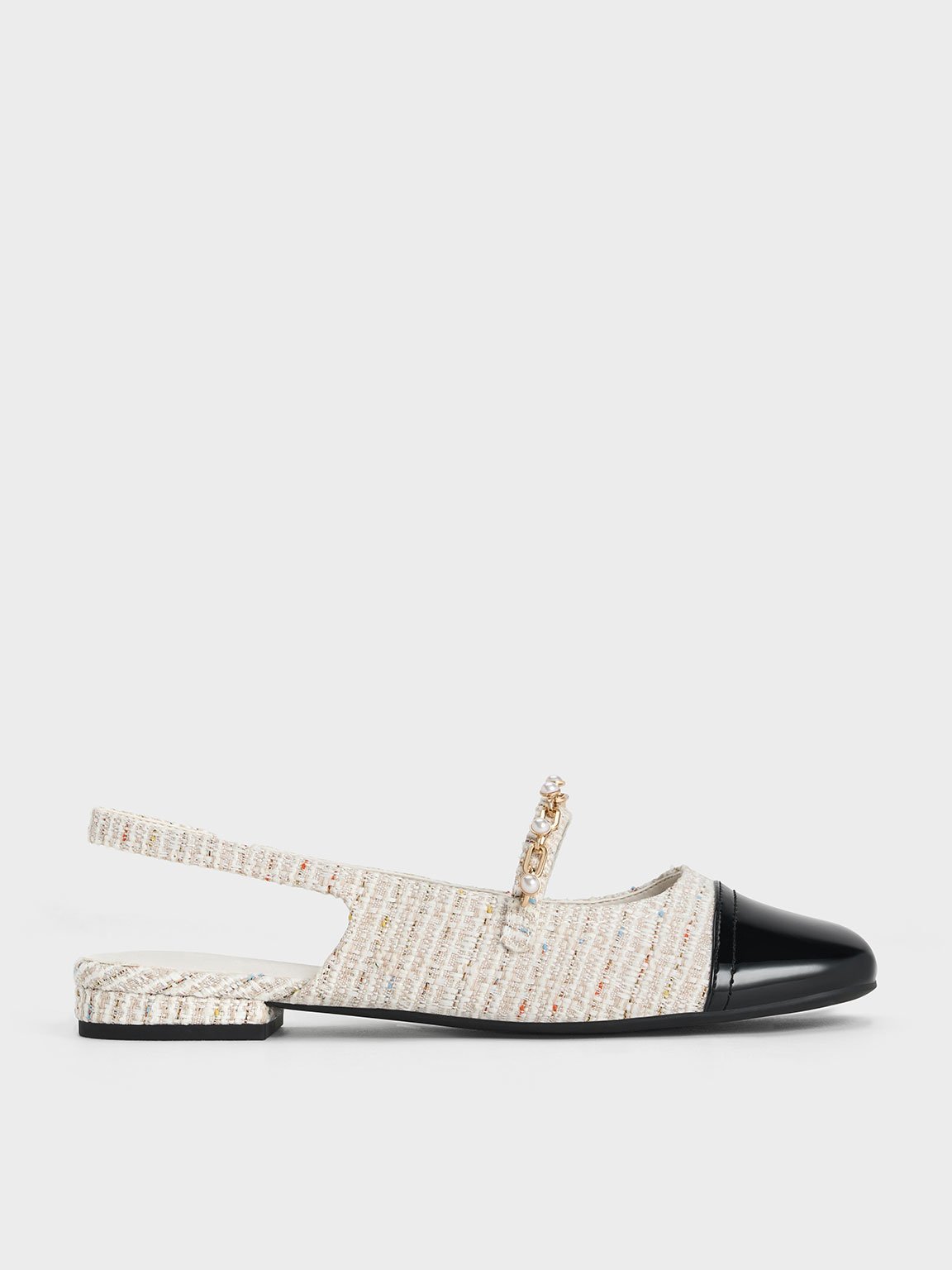 Cream Rio Tweed Beaded Chain-Link Slingback Flats - Cream - Shoes