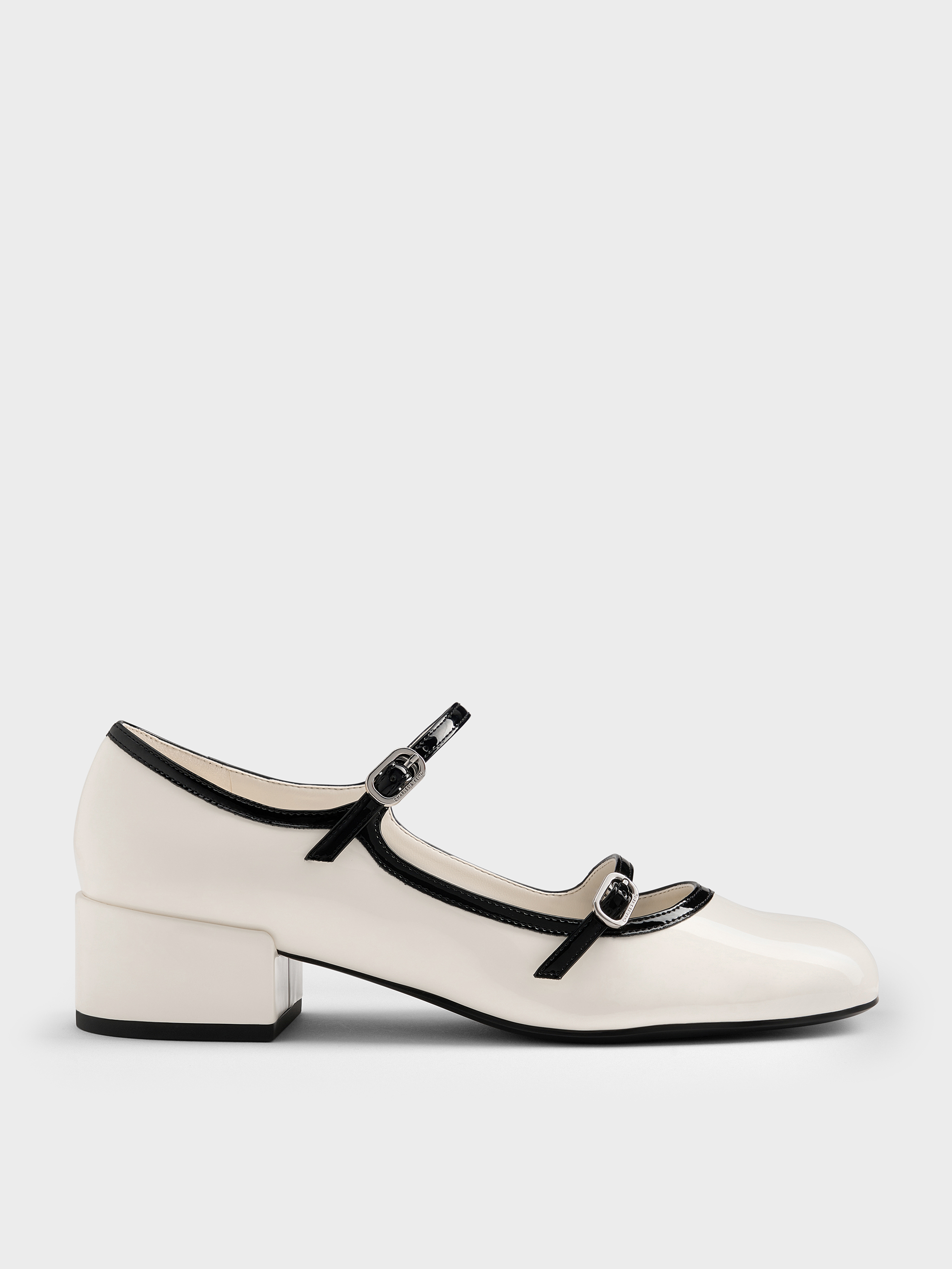 White Patent Contrast-Trim Double-Strap Mary Jane Pumps CHARLES KEITH