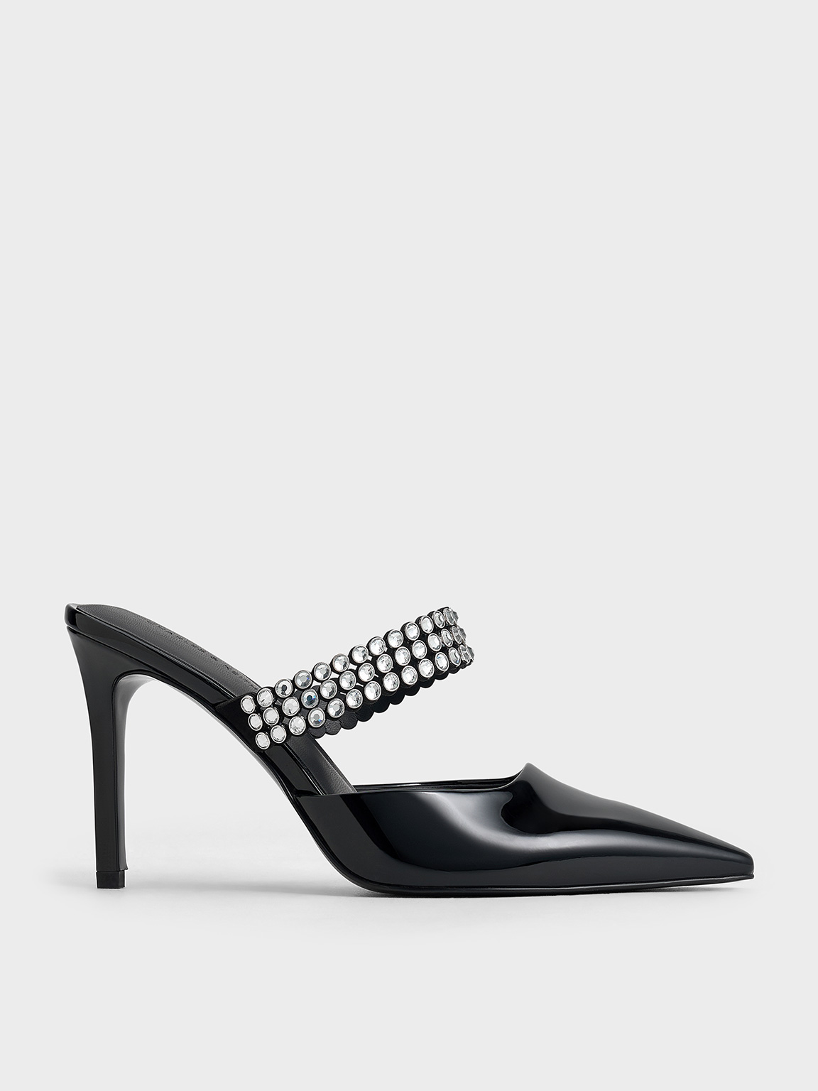 Black Patent Crystal-Embellished Heeled Mules - Black Patent