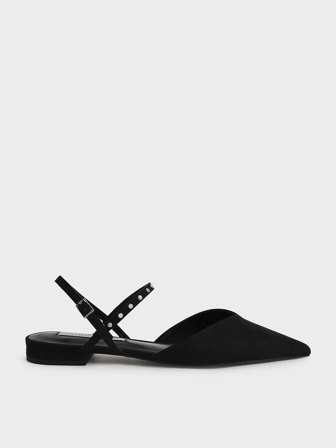 Black Studded Ankle Strap Ballerina Flats - CHARLES & KEITH ID