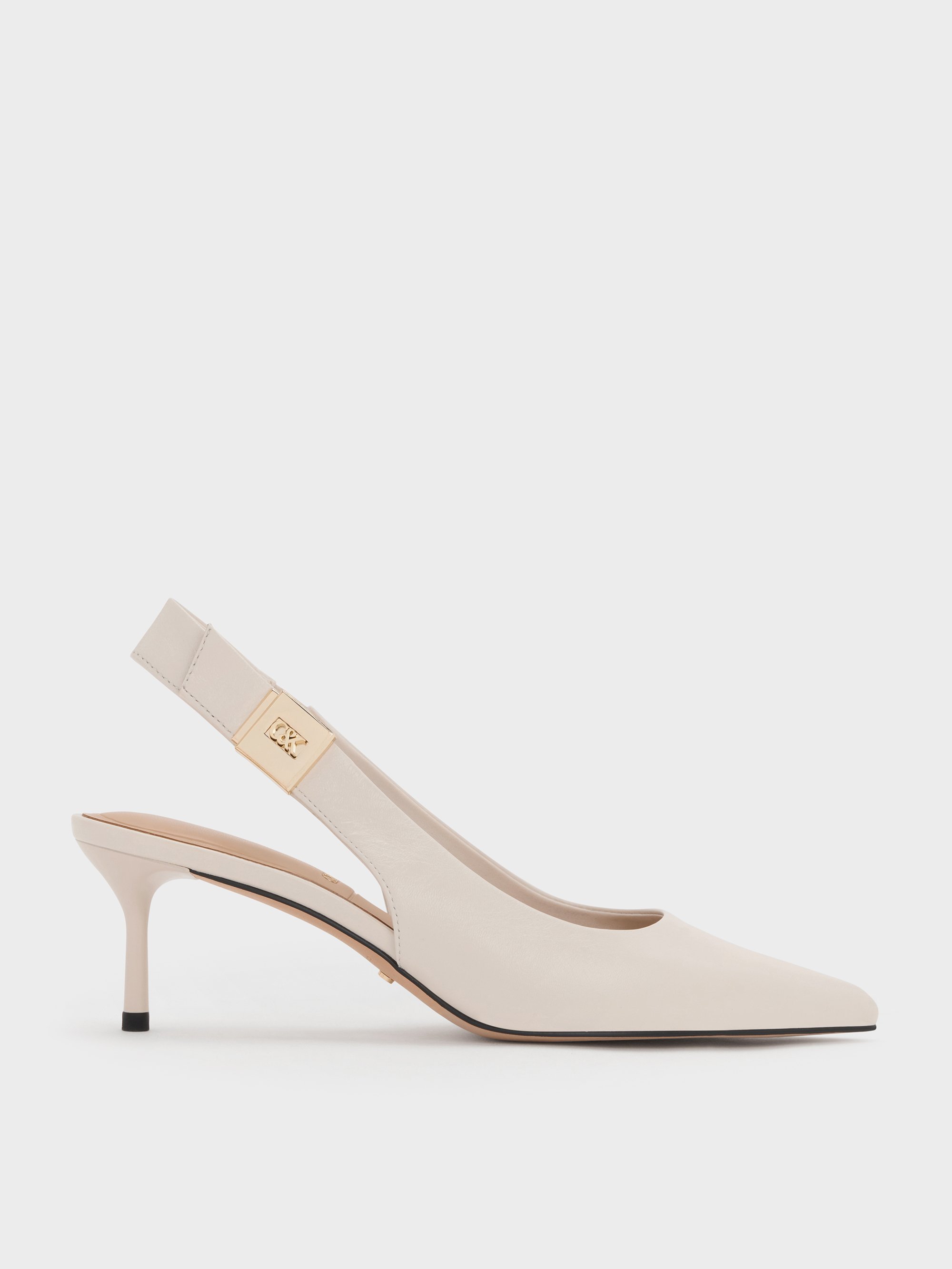 Chalk Cody Leather Pointed-Toe Kitten-Heel Slingback Pumps CHARLES KEITH