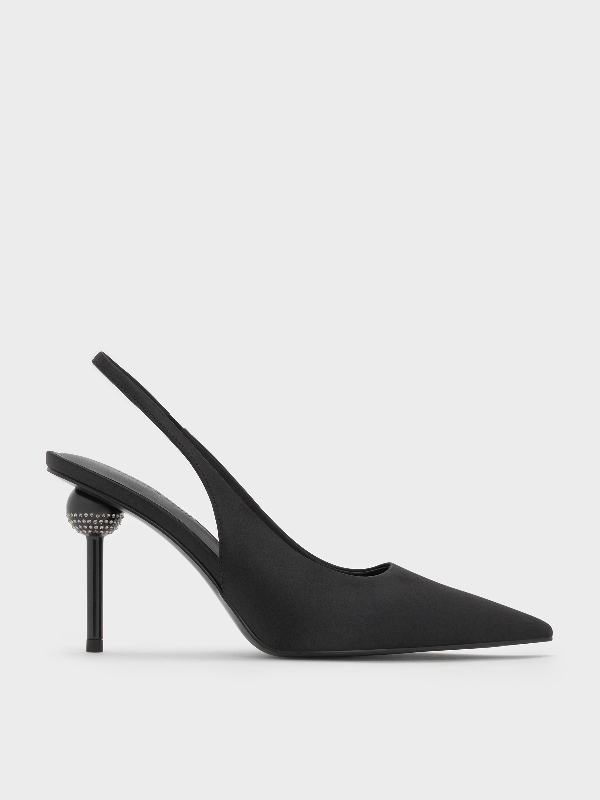Black Textured Satin Crystal-Embellished Ball-Heel Pointed-Toe Slingback  Pumps CHARLES KEITH