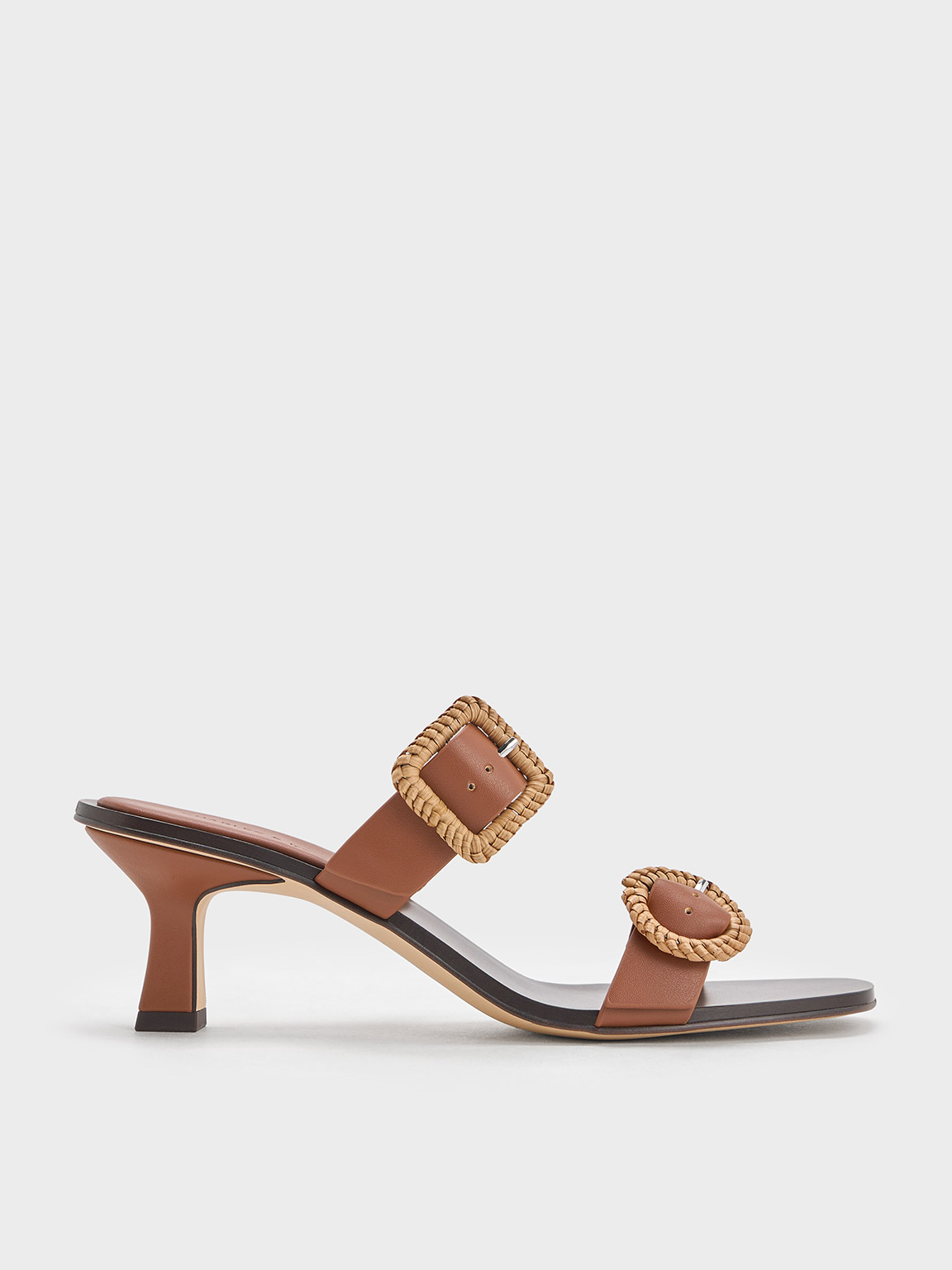 Woven-Buckle Heeled Mules - Brown - CHARLES & KEITH ID