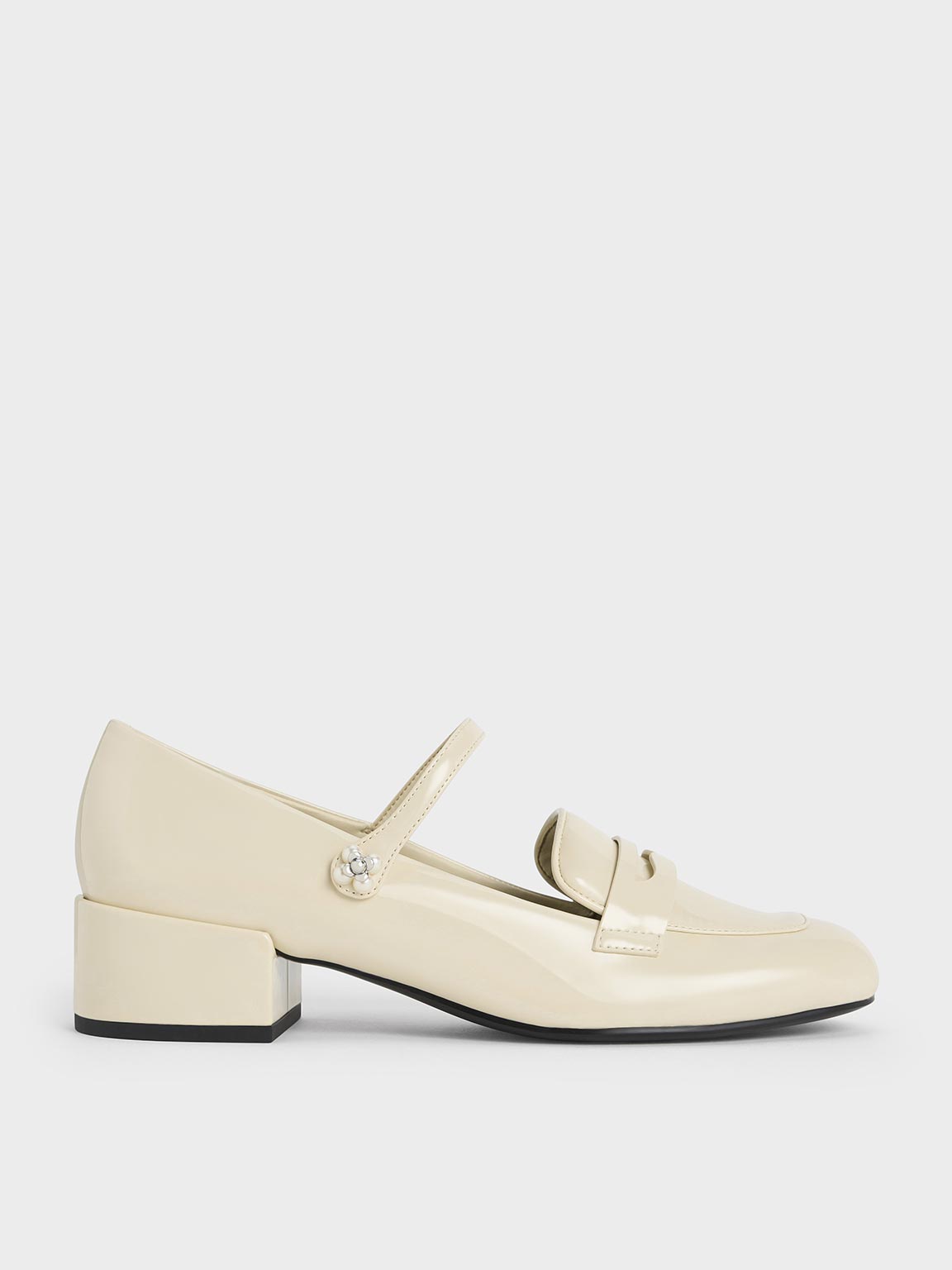 Chalk Patent Pearl-Embellished Flower-Buckle Mary Jane Loafers CHARLES  KEITH