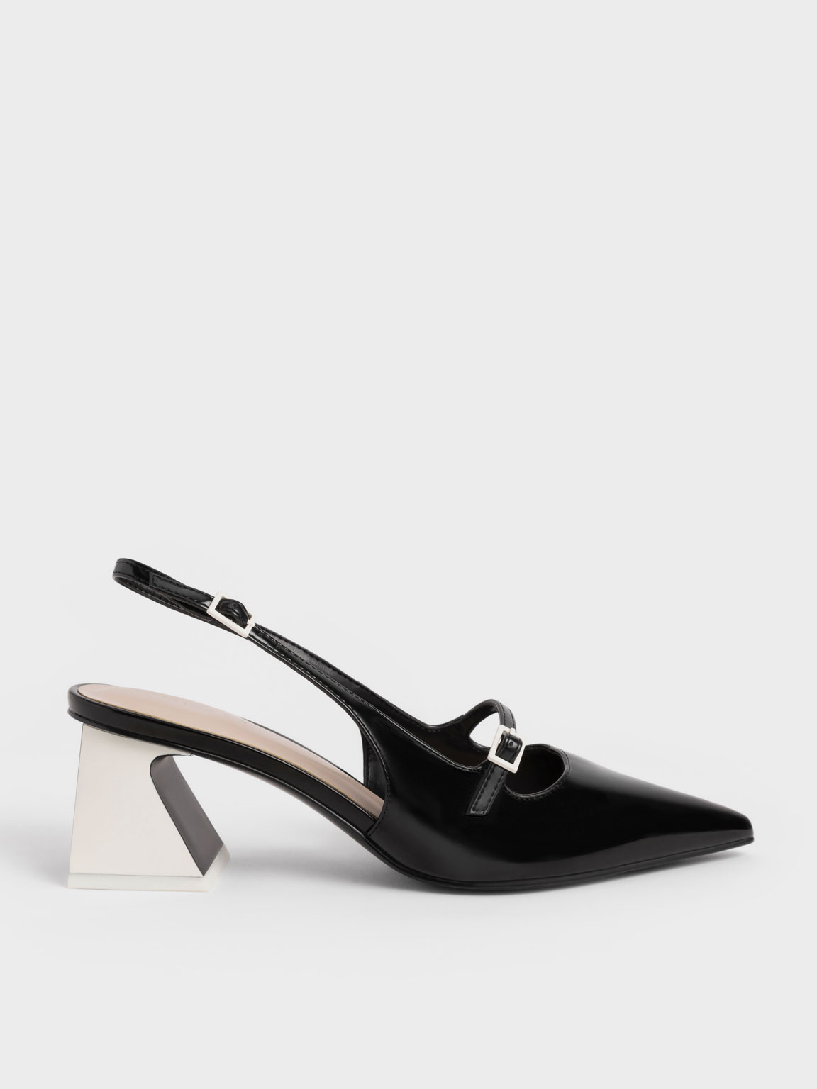 Black Two-Tone Trapeze Heel Slingback Pumps - CHARLES u0026 KEITH ID