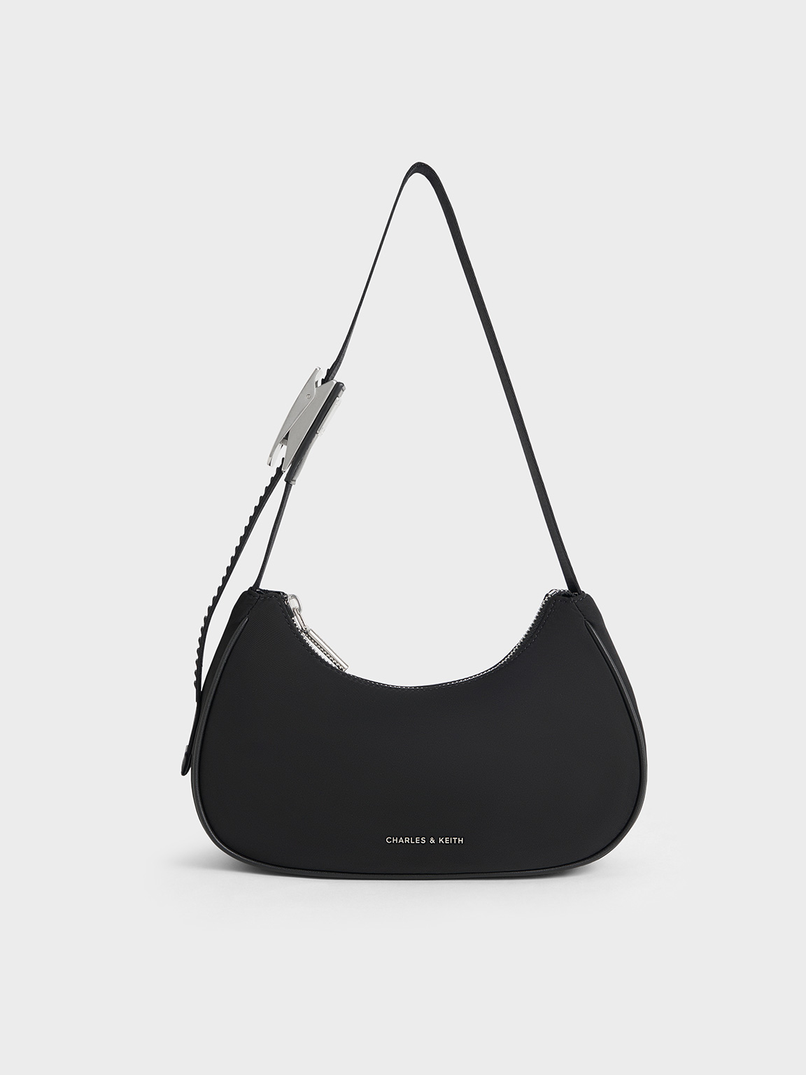 Noir Nylon Curved Metallic-Accent Shoulder Bag - CHARLES & KEITH ID