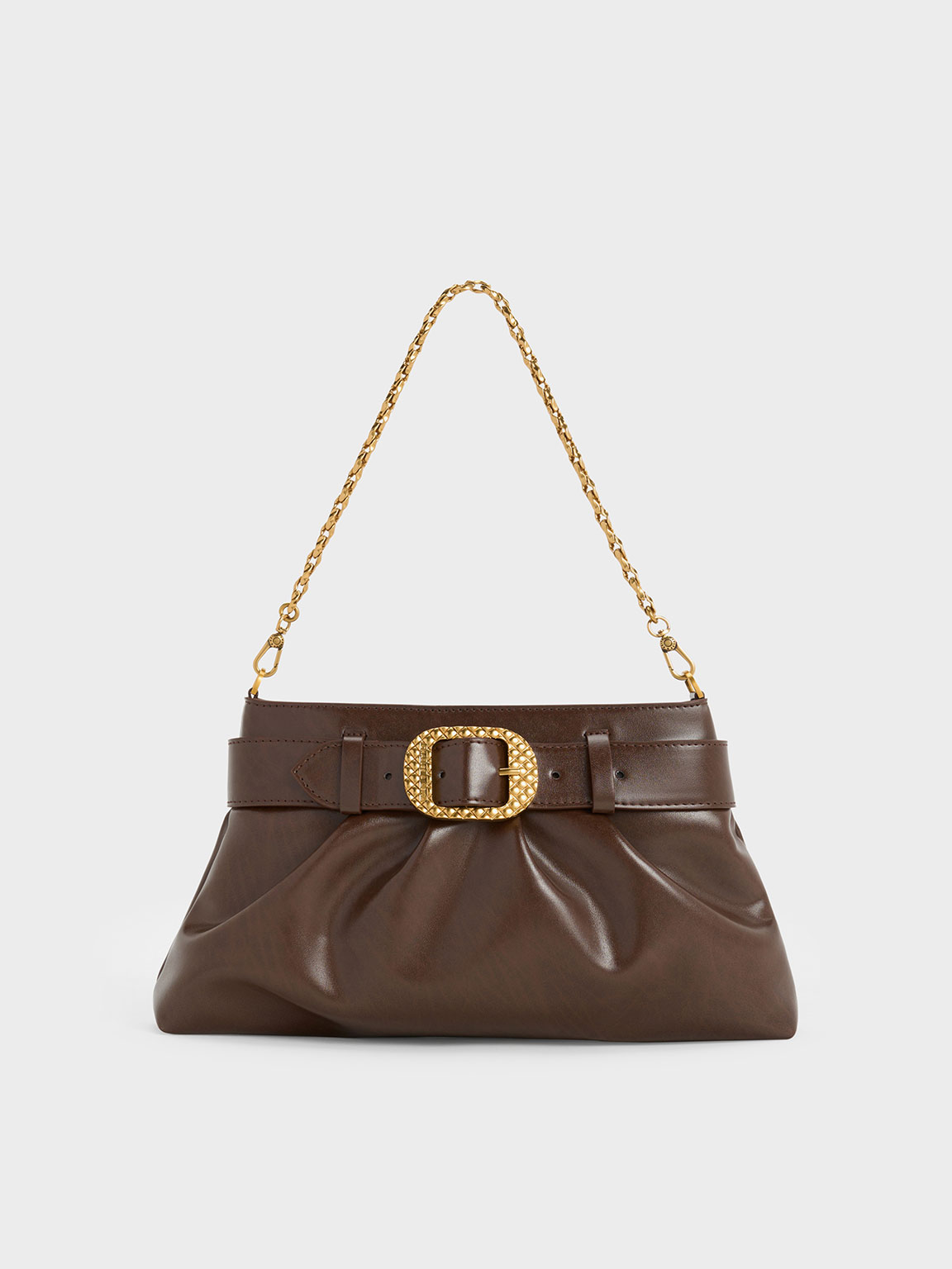 Dark Brown Avis Belted Ruched Shoulder Bag - CHARLES & KEITH ID Dark Brown Avis Belted Ruched Shoulder Bag - CHARLES & KEITH ID