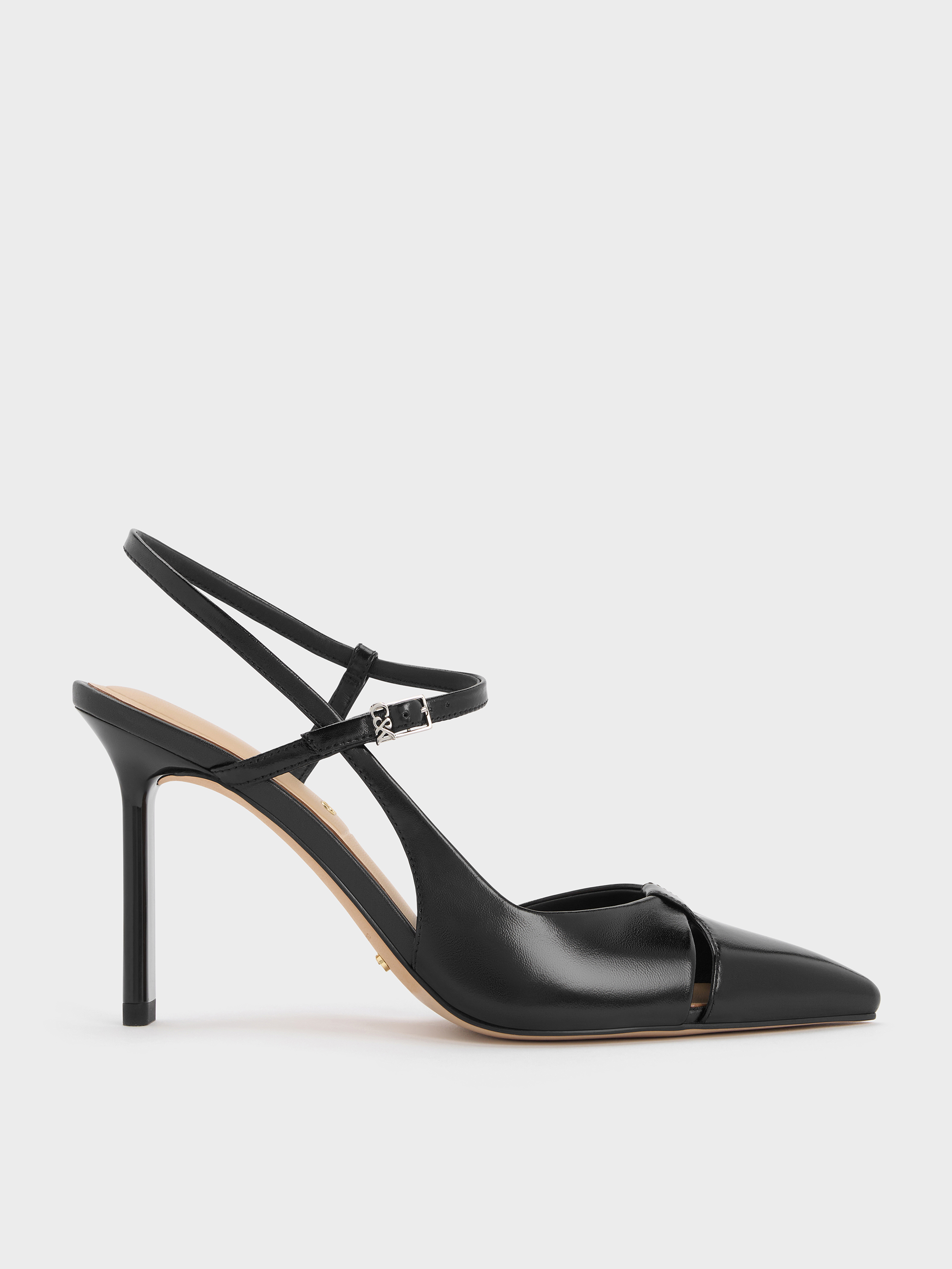 Black Leather Cut-Out Pointed-Toe Blade-Heel Pumps CHARLES KEITH