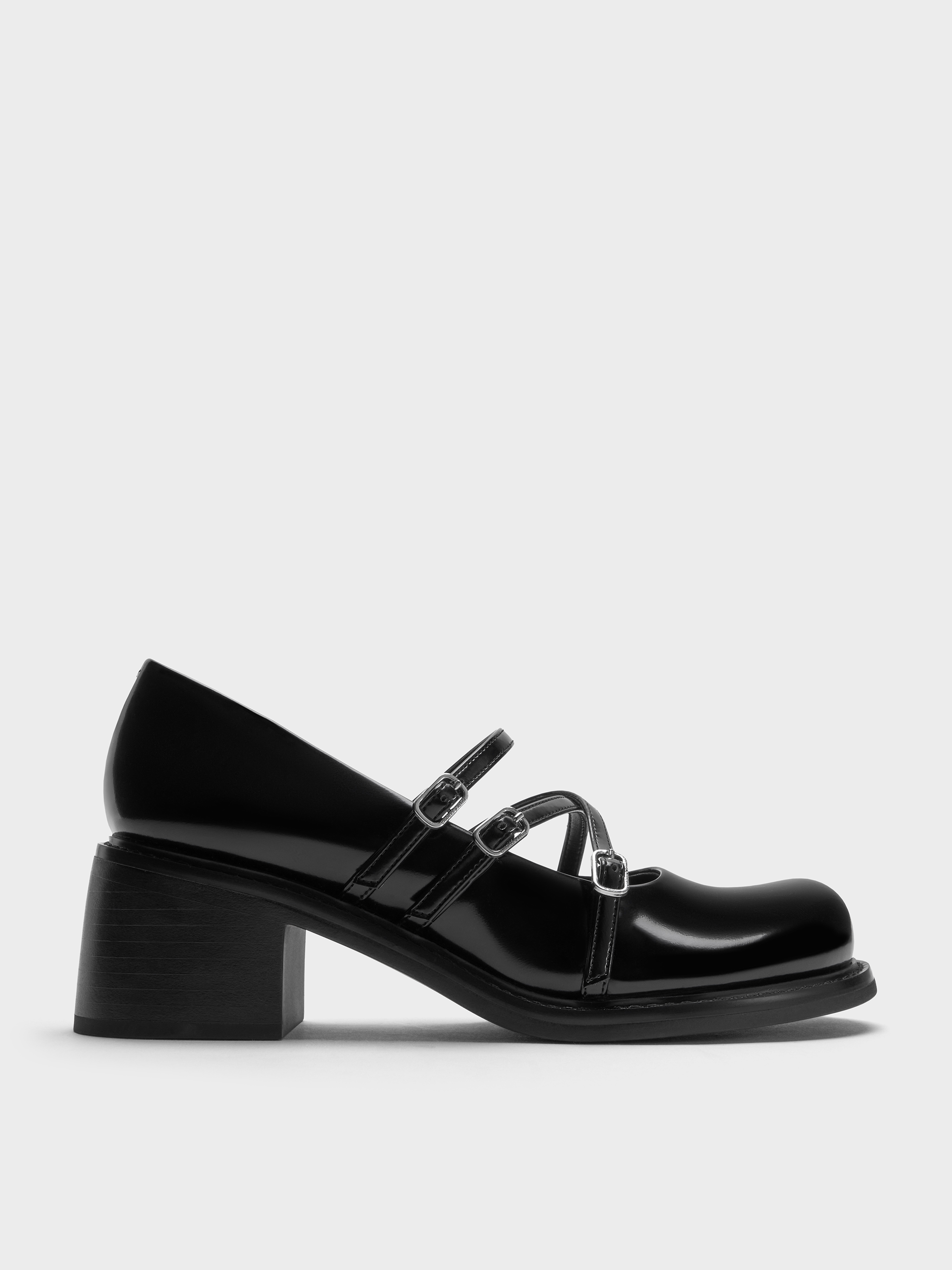 Triple-Strap Crossover Block-Heel Mary Janes - Black Box - CHARLES