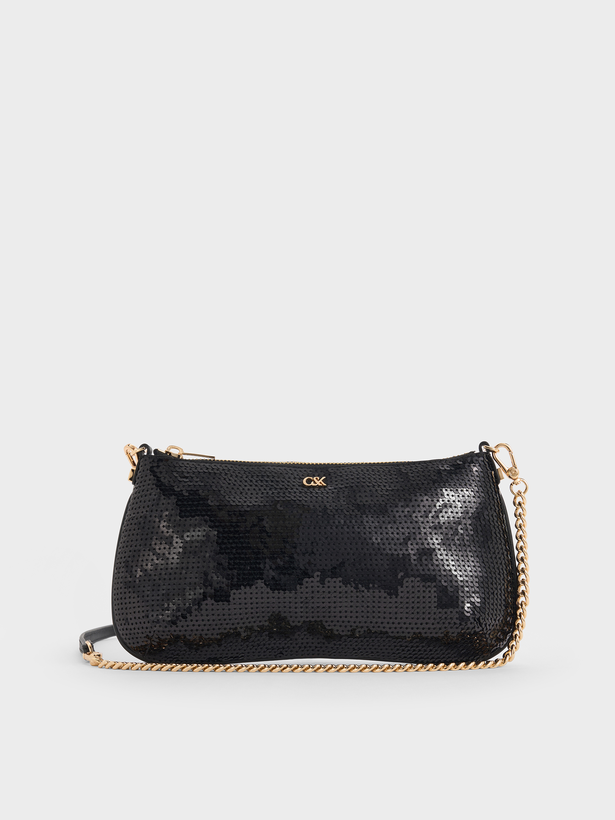 Sequin Mesh & Leather Shoulder Bag - Black - CHARLES & KEITH ID