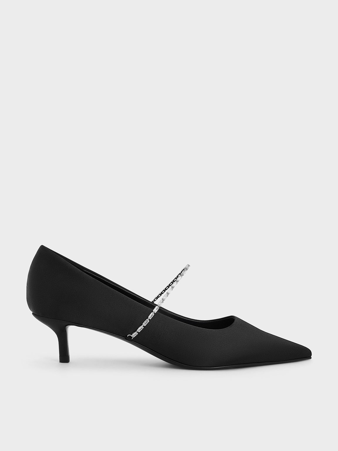 Black Textured Satin Embellished-Strap Pointed-Toe Pumps CHARLES KEITH