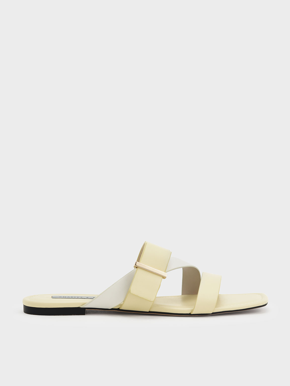 Yellow Metallic Accent Strappy Square-Toe Slides - CHARLES & KEITH ID